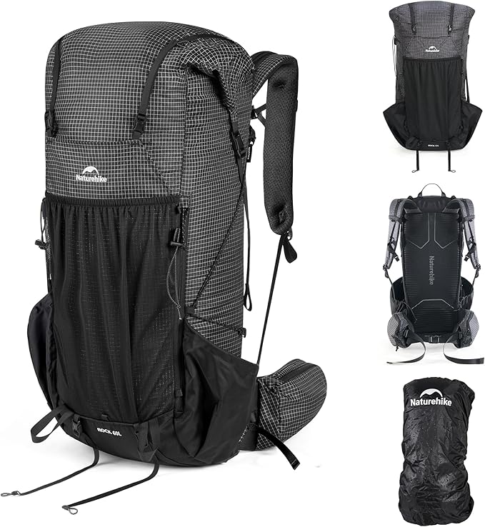 Naturehike 60L Rock 2.0 Upgraded Internal Frame Hiking Backpack for Outdoor Camping Travel Backpacking, Ultralight Backpack for Adults(Black/M/60L)