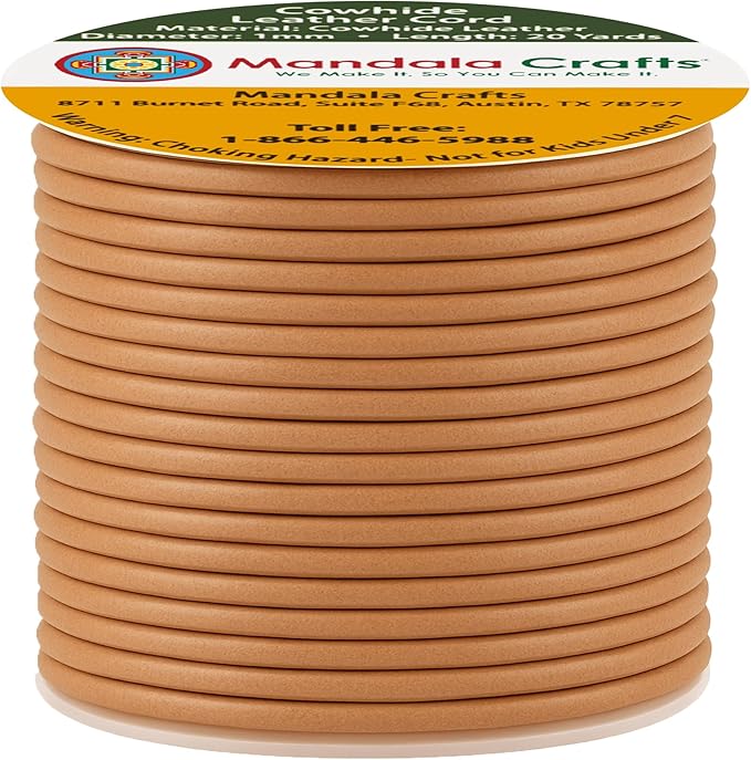 Mandala Crafts Round Genuine Camel Leather Cord for Jewelry Making – 1mm Cowhide Leather Rope String Lace for Kumihimo – 20 Yards Cowhide Craft Cording Spool