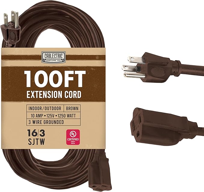 Brown 100' Extension Cord, 16/3 Heavy Duty Cable with 3 Prong Grounded Plug for Safety, 15 AMP for Garden, Lawn, Tools & Major Appliances, 100' Outdoor Extension Cord 3 Prong