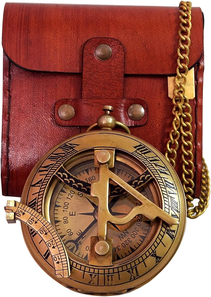 Vintage Brass Sundial Compass with Leather Case – Antique Nautical Navigation Tool, Engraved Marine Compass, Outdoor Hiking Camping Gift for Men, Father, Husband, Explorer