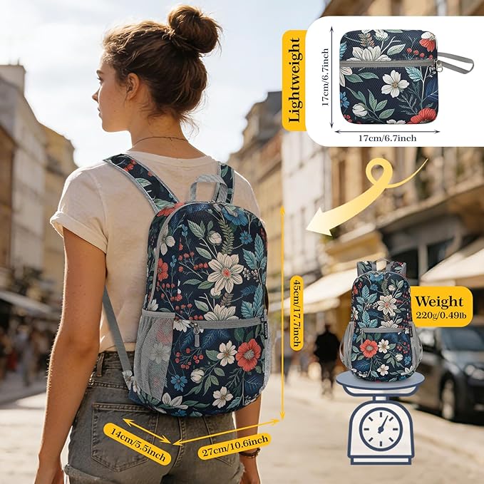 ZOMAKE Ultra Lightweight Hiking Backpack 20L, Packable Small Backpacks Water Resistant Daypack for Women Men(Navy blue,Floral pattern)