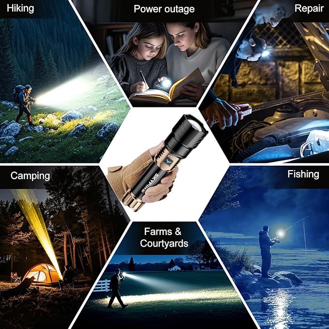 SKYFIRE Rechargeable Flashlights High Lumens with Ignition Lens &3 Colors Light,10000mAh LED Super Bright Flashlight, Zoomable,4Modes,Waterproof Tactical Flash Light for Outdoor,Home &Gift