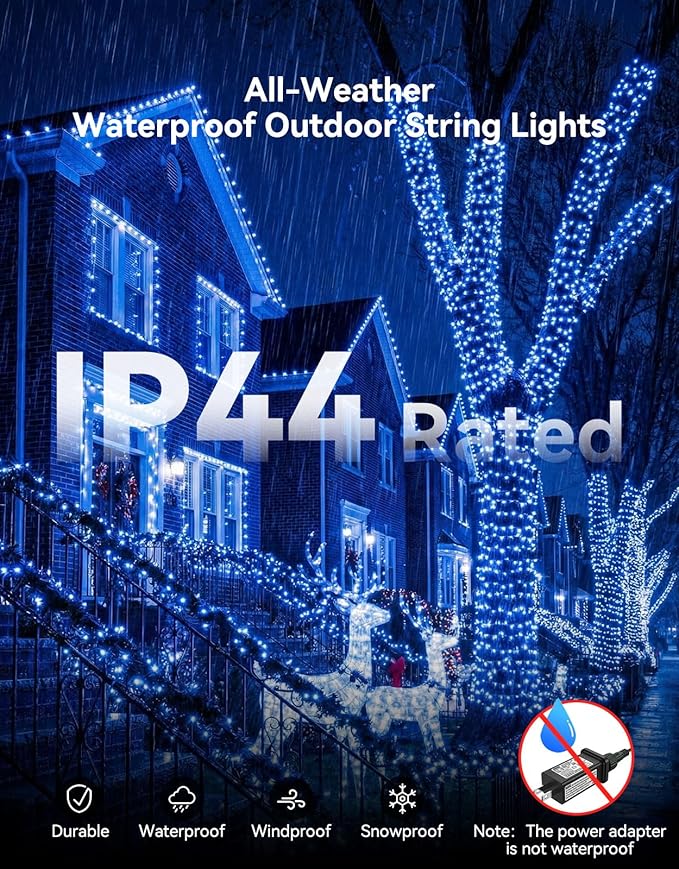 LitHome 99FT 300 LED String Lights Outdoor Indoor, 8 Modes Waterproof Christmas String Lights with Timer & Memory Function, Outdoor Christmas Lights Green Wire for Xmas Tree Party Garden, Blue