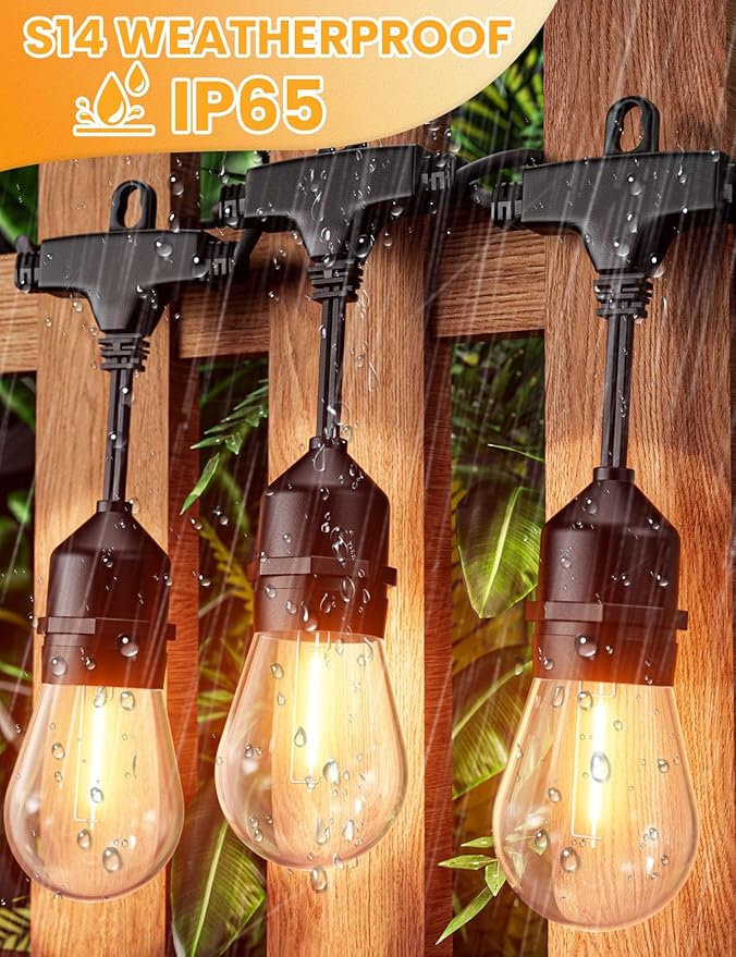 Svater Outdoor String Lights 200 FT, E26 Socket, 64pc S14 Shatterpoof Bulbs, 1 Watt Dimmable 2700K Warm White, IP65 Waterproof Commercial Grade Patio Light (4 Pack X 50FT)