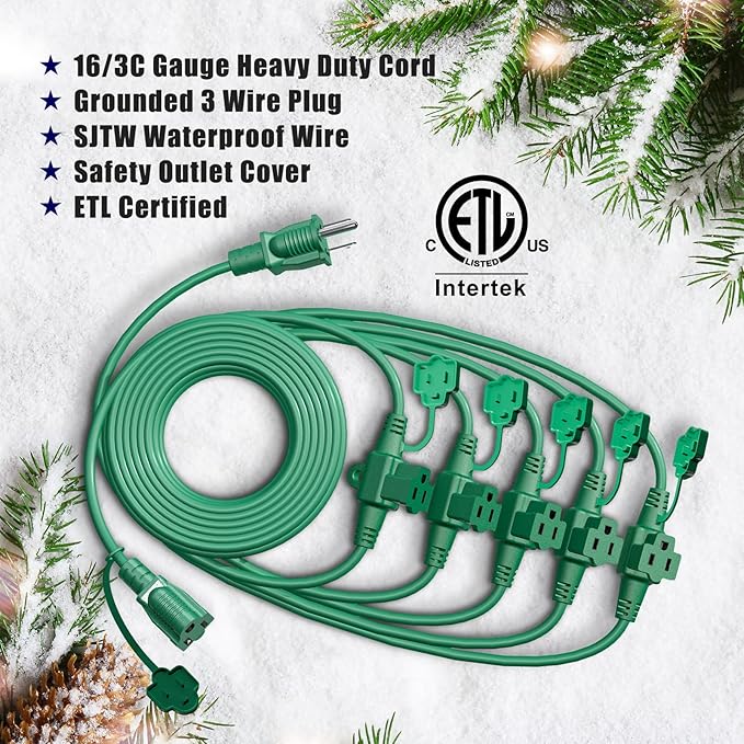 Eversimpleinc 50FT Outdoor Extension Cord with 6 Outlets Evenly Spaced··, with Waterproof Cover, Ideal for Outdoor Decoration Lawn Patio Lights, 16AWG/3C SJTW, ETL Listed