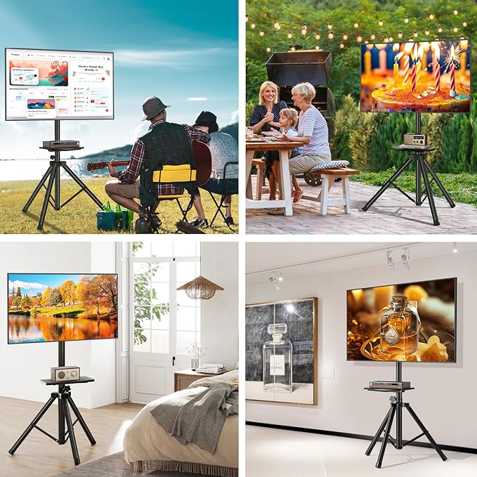 Tripod TV Stand with Shelf for 23-75 inch TVs up to 100 lbs, Outdoor TV Stand with ±15° Tilt, Height Adjustable Portable TV Tripod with Safety Design, Max VESA 600x400m