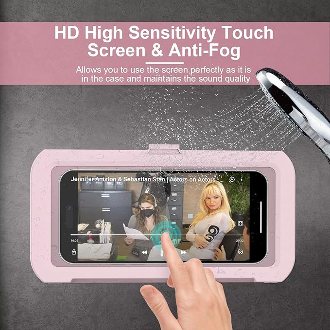 URROY Shower Phone Holder Waterproof, 360° Rotation Shower Phone Case, Anti-Fog High Sensitivity Universal Cover Mount Stand for Bathroom Wall Mirror Bathtub Kitchen, Gift for Men Women Pink