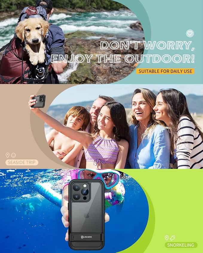 Lanhiem for iPhone 15 Pro Case with Kickstand, IP68 Waterproof Dustproof Case Built-in Screen Protector, Full Body Heavy Duty Shockproof Phone Cover for iPhone 15 Pro, 6.1 Inch (Black)