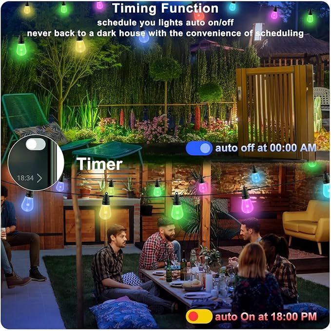 Outdoor String Lights 49ft, Outdoor Lights for Patio String Lights for Outside with 15 Dimmable LED Bulbs IP66 Waterproof, Shatterproof,APP Control & Remote Customizable Colors for Backyard Decor