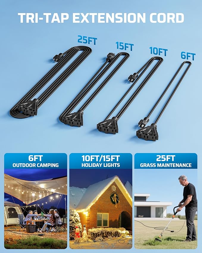 DEWENWILS 15FT Outdoor Extension Cord, Tri-Tap Extension Cord Splitter, 3 Outlet 16/3 SJTW Power Cable for Landscape Lighting String Lights, 13A/125V/1625W, ETL Listed, Black, 1 Pack