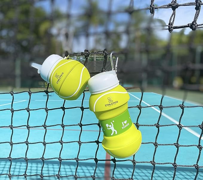 Collapsible Water Bottles with Carabiner Food Grade Sports Water Bottle for Gift Kids Folding Water Bottle for Hiking, School, GYM, School, Sports and Traveling 19oz/550ml (Tennis Ball)