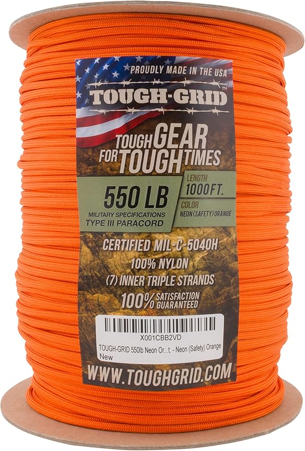 TOUGH-GRID 550 Paracord, Type III Mil-Spec Nylon Rope - 1000 Ft Neon Orange Tactical Survival Cord