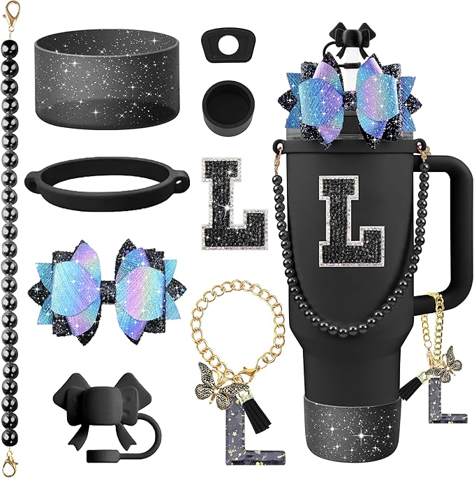 9PCS Black for Stanley Cup Accessories Set Bling Initials Bow Charms for Stanley Decorations 30/40 Oz Tumbler Accessories Including Bow Straw Topper, Handle Strap, Spill Stopper（Letter L）