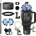 9PCS Black for Stanley Cup Accessories Set Bling Initials Bow Charms for Stanley Decorations 30/40 Oz Tumbler Accessories Including Bow Straw Topper, Handle Strap, Spill Stopper（Letter L）