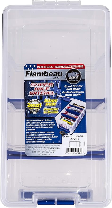 Flambeau Outdoors 4510 Clear Fishing Organizer - Super Half Satchel Soft Fishing Lure Storagees,Bait Organizer,Tuff Tainer with Zerust Anti-Rust Dividers,(Pack of 4)