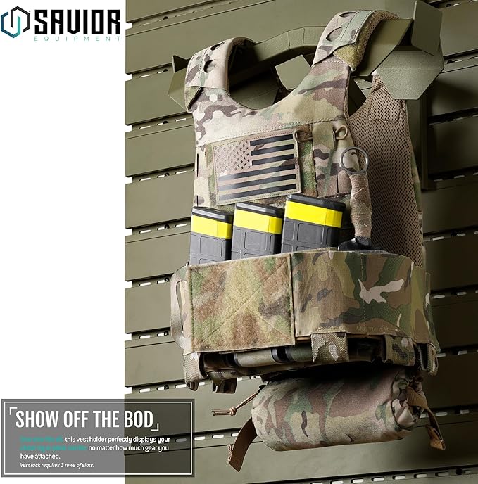 Savior Equipment Wall Rack System Tactical Vest Attachment Gear Wall Mount Display Rack Organizer, Adjustable Width, Heavy-Duty Steel Construction Hold Up to 40 lbs