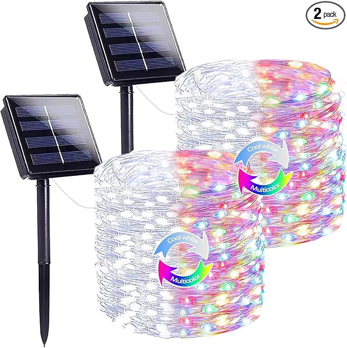 Cool White and Multicolor Color Changing Solar String Lights for Outside, 2 Pack 400LED Solar Fairy Lights Outdoor, Waterproof Copper Wire with 8 Modes Solar Twinkle Lights for Tree Garden Xmas Decor