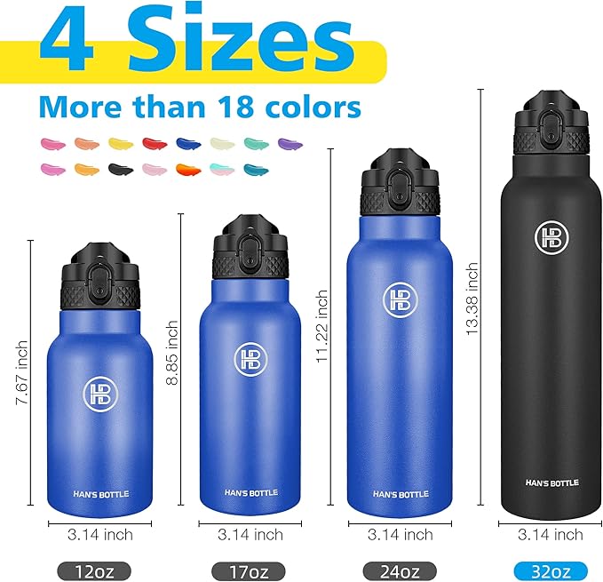 Han's Bottle Sports Water Bottle - 32 Oz, Straw Lid, Leak Proof, Vacuum Insulated Stainless Steel, Double Walled, Thermo Mug,Black