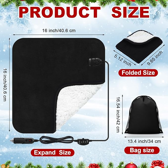Tuanse 16 x 16 Inches Car Electric Blanket 12 Volt Heated Car Blanket with Temperature Controller and Black Storage Bag Cold Weather Tailgating and Emergency Kit(Black White Cotton,Blank)