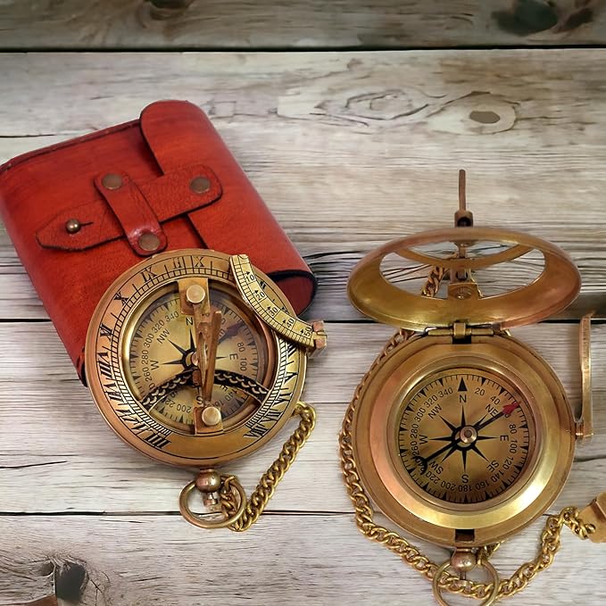 Vintage Brass Sundial Compass with Leather Case – Antique Nautical Navigation Tool, Engraved Marine Compass, Outdoor Hiking Camping Gift for Men, Father, Husband, Explorer