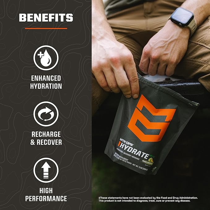 MTN OPS Hydrate Low Sugar Electrolyte Powder Drink Mix with 1g D-Ribose Sugar, Naturally Sweetened with Monk Fruit, On-The-Go Packs, 20 Stick Packs, Citrus Italian Ice