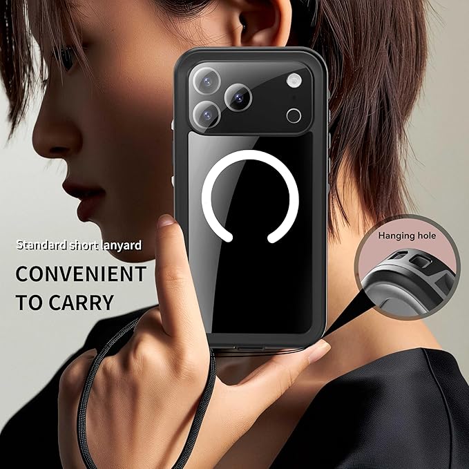 Compatible for iPhone 17 Pro Max Case 6.9" Waterproof 【Compatible with Magsafe 】【IP68 Underwater】 Clear Magnetic Built-in Screen Protection Lanyard Diving Swim Dustproof Shockproof Black