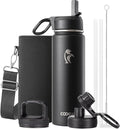 Coolflask Water Bottle 20 oz Insulated with Straw, Stainless Steel Metal 3 Lids Water Flask Wide Mouth for Sports or Office, Non-BPA Keep Cold Up to 48 Hrs or Hot Up to 24 Hrs, Magic Black