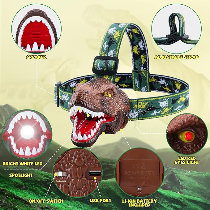 Nitigo Dinosaur Headlamp for Kids Flashlight 2 Pack, Rechargeable Led Headlights Roar & Silent Mode, T-Rex Dinosaur Toys 3-5 4-6 5-7 6-8, Camping Gear, Easter Gifts for Boys Girls Adults