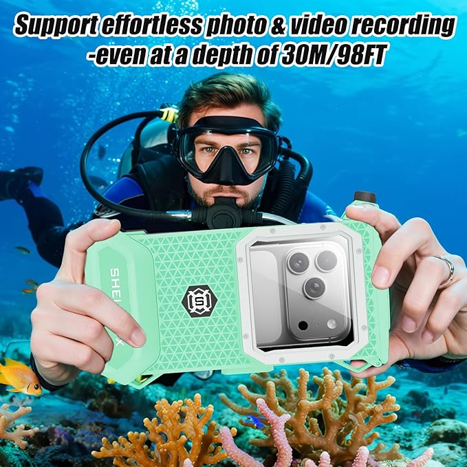 Underwater Phone Case for Snorkeling & Diving (50ft/15m), IP68 Waterproof Case for Swimming, Universal Underwater Touch Screen Case Compatible with iPhone (Blue+Silver, 5th Generation Phone Case)