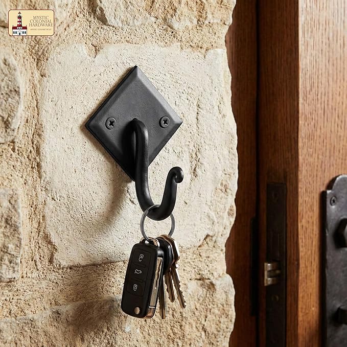 Mystic Colonial Rustic Cast Iron Wall Hooks, 3.6" Heavy Duty Coat Hooks for Coat, Bag, Towel, Hat & Robe, Mounting Hardware Included, Black, Pack of 1