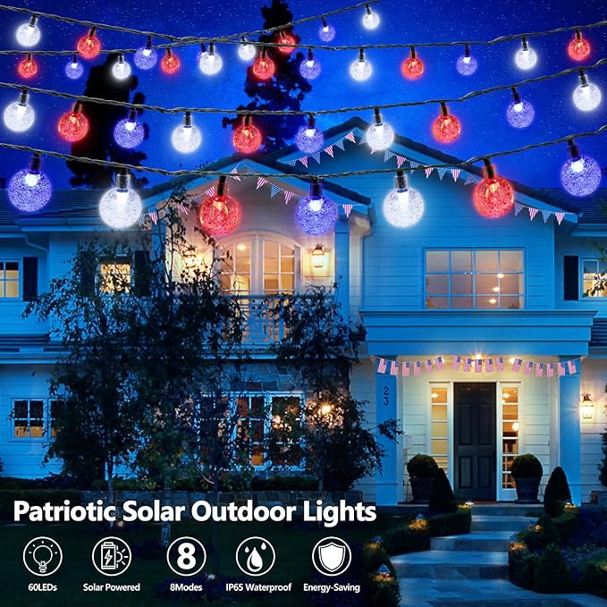 Joomer 4th of July Red White Blue Solar String Lights,39FT 60LED Waterproof with 8 Lighting Modes Patio Lights for Independence Day Garden Yard Gazebo Party