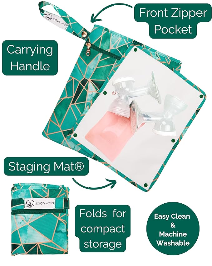 Sarah Wells Pumparoo Wet Dry Bag for Breast Pump Parts – Compact Organizer with Waterproof Pocket, Staging Mat & Fridge Hack – Machine Washable Pumping Accessory (Mosaic)