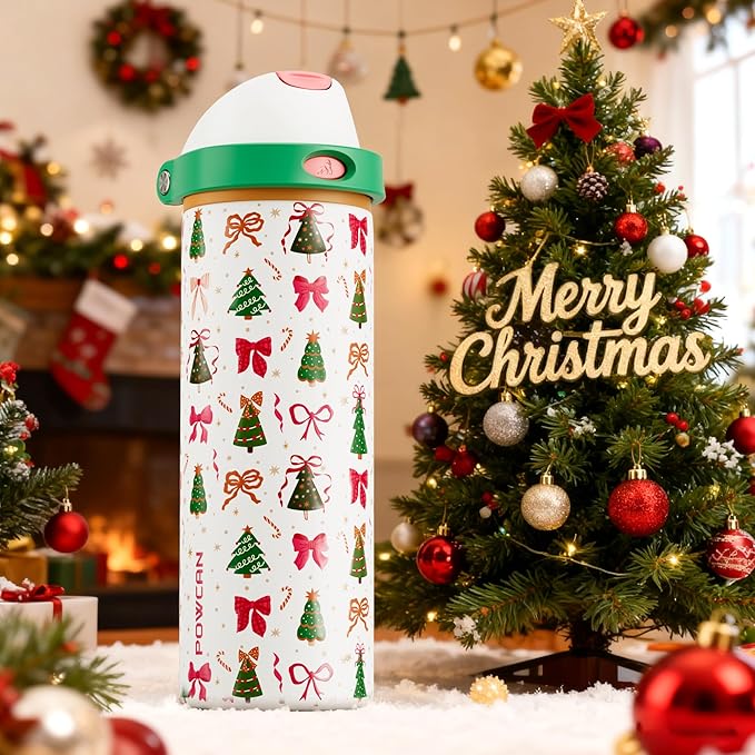 POWCAN 24 oz Christmas Stainless Steel Water Bottle: 2-in-1 Push-Button Spout & Quick-Flip Straw, Leakproof, Fits in Car Cupholder, Insulated Water Bottle for Holiday Gift, Sports, Travel (Merry Bows)