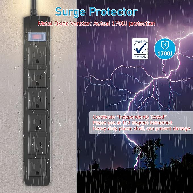Outdoor Power Strip Waterproof with 6 Outlets, Garden Weatherproof Surge Protector, Christmas Multiple Outlet Exterior Socket for Lighting Appliances. 25FT Extension Cord Strip with Flat Plug. Black