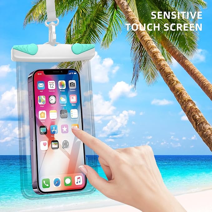 IPX8 Waterproof Phone Pouch for 16/15/14/13/12 Pro Max & Galaxy S24/S23 Samsung's Waterproof Phone case with lanyard ,Cellphone Dry Bag Beach Essentials-2 bag 7.5 inches (White green)