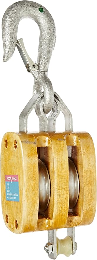 Indusco 16900106 5" Double Wood Manila Rope Block with Hook, 1800 lbs Load Capacity, 5/8" Rope, 3" Sheave