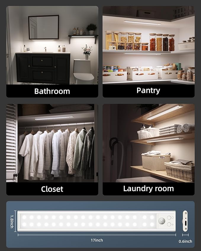 17" Under Cabinet Lights, Motion Sensor Light, Wireless Closet Lights, 3 Color Temps, 4000mAh Rechargeable, Magnetic, Dimmable, 128 LEDs Super Bright Under Counter Lights for Kitchen (2 Pack)