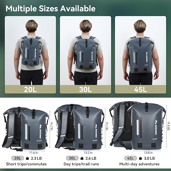 MARCHWAY Roll Top Waterproof Backpack, Floating Dry Bag 20L/30L/45L with Ergonomic Rectangular Base, Cushioned Back, Hip Strap for Hiking Camping Kayaking Travel (Grey, 20L)