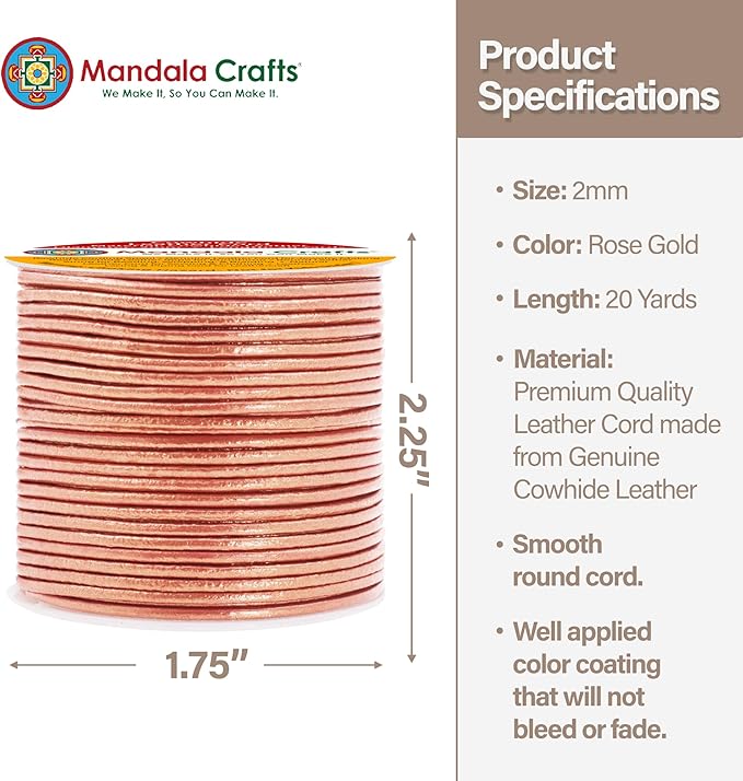 Mandala Crafts Round Genuine Rose Gold Leather Cord for Jewelry Making – 2mm Cowhide Leather Rope String Lace for Kumihimo – 20 Yards Cowhide Craft Cording Spool