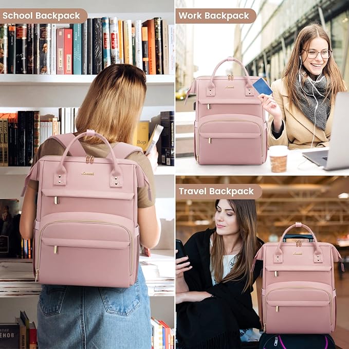 LOVEVOOK Leather Laptop Backpack for Women 15.6 inch, Travel Purse with USB Port, Pink