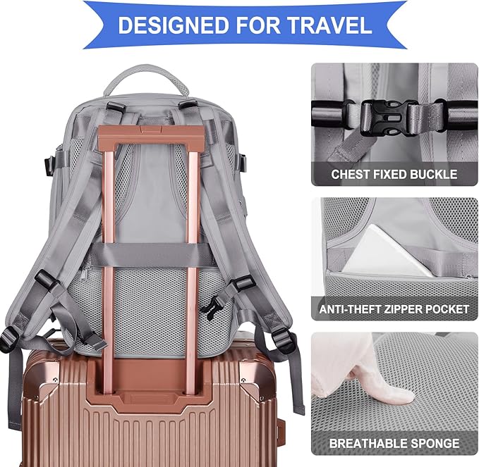 Coowoz Large Travel Backpack For Women Men, Flight Approved, Waterproof Outdoor Sports Rucksack, Casual Daypack, Fit 15.6 Inch Laptop Shoes, Grey