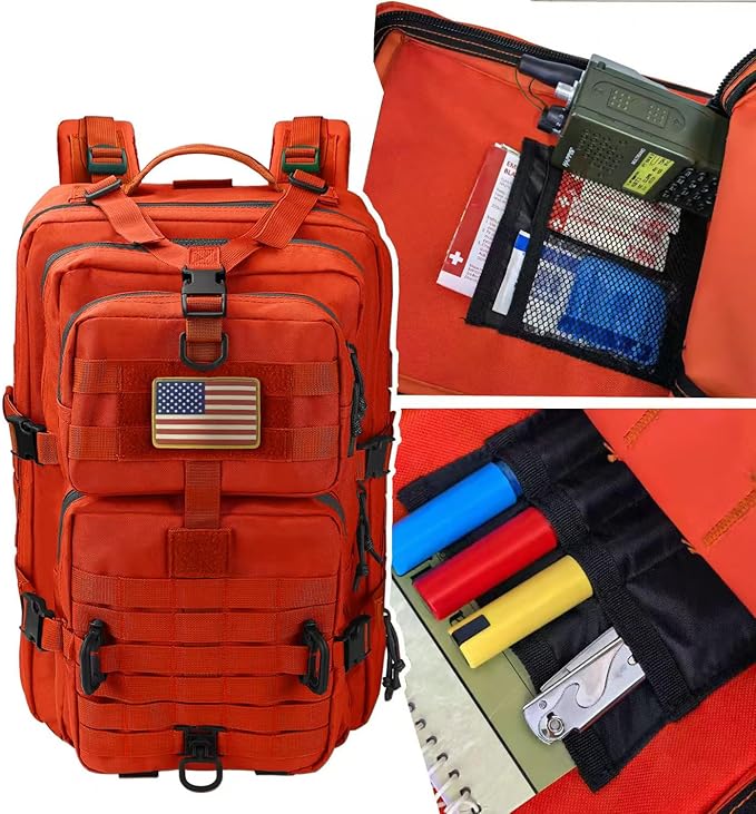 Hannibal Tactical MOLLE Assault Backpack, Tactical Backpack Military Army Camping Rucksack, 3-Day Pack Trip w/USA Flag Patch, D-Rings, Orange