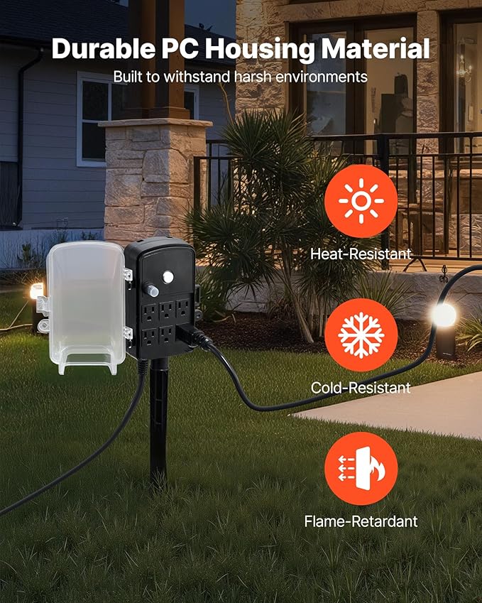 VEVOR Outdoor Power Stake Waterproof, 100 FT Extension Cord, Outdoor Power Strip, Weatherproof with Cover and Overload Protection, 6 Outlets, 13A/1625W for Halloween/Christmas Lights Decorations