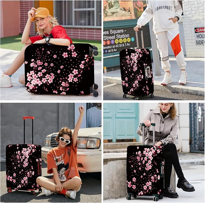 ANNA QUEEN Cherry Blossom Luggage Cover, Elegant Pink Sakura Design Suitcase Protector, Stretchable Washable Travel Sleeve for 24-26 Inch Luggage
