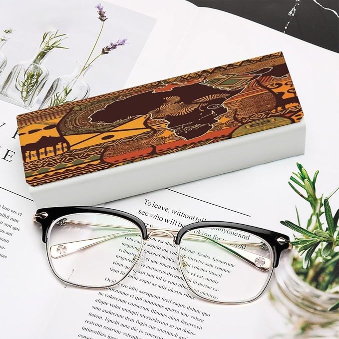 African Map Ethnic Pattern Eyeglass Case Spectacle Case Slim PU Leather Eyeglass Case for Men Women Lightweight Protective Eyewear Storage with Cleaning Cloth