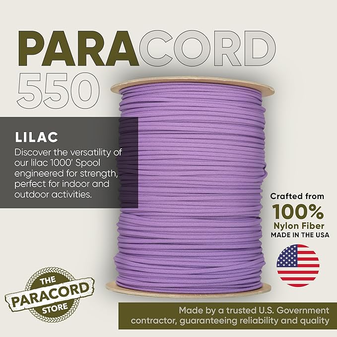 The Paracord Store | Type III 550 Paracord - 250 FT Spool, Lilac | Heavy Duty 7 Strand Tactical Paracord - USA Made Nylon Outdoor Parachute Cord for Camping, Fishing & More - Survival Cord
