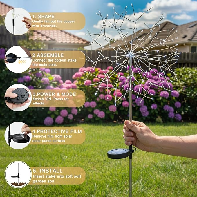 210LED Solar Firework Lights, 4Pack Outdoor Solar Garden Lights Decorative with 8 Modes, Waterproof Fairy Starburst Light for Outside Yard, Pathway, Party, Garden Decor, Warm White