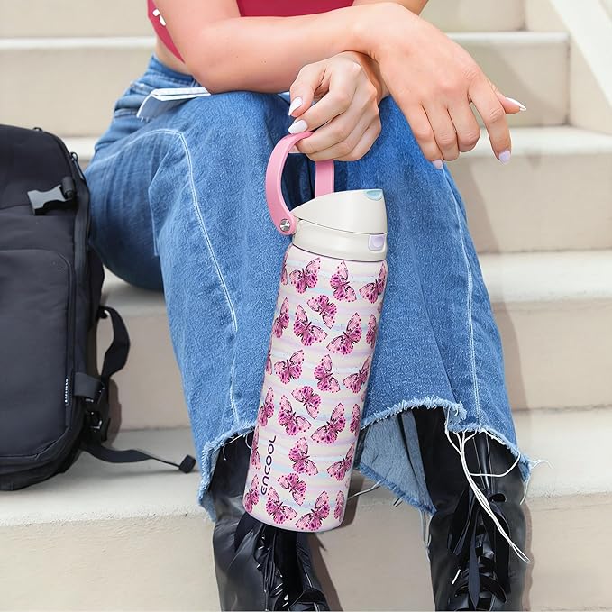 ENCOOL Leakproof Insulated Water Bottle with Straw Dual-Sip Water Bottle Bag-Safe Design for Work, Commute & Gym – Keeps Drinks Cold All Day, 32 oz, Y2K Butterfly