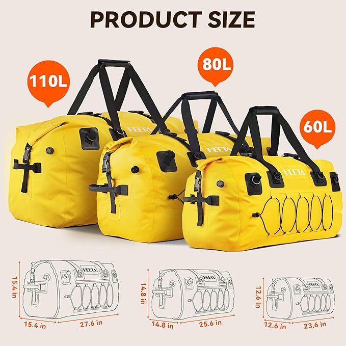 HEETA Waterproof Duffel Bag Motorcycle Dry Bag Backpack, 60L/80L Extra Large Rolltop Travel Duffle Bags with Straps & Handles for Kayaking Rafting Boating Canoeing Camping Gym Beach Cruise Ship