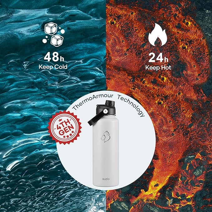 BUZIO 40 oz Water Bottle Insulated, Triple Wall Vacuum Stainless Steel Flask (Cold for 48 Hrs), Leakproof BPA-Free Wide Mouth Metal Jug Hydro Canteen with 2 Lids, White